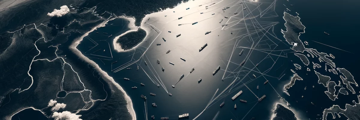 A satellite image of the South China Sea with traveling cargo vessels across the shipping trade lanes.